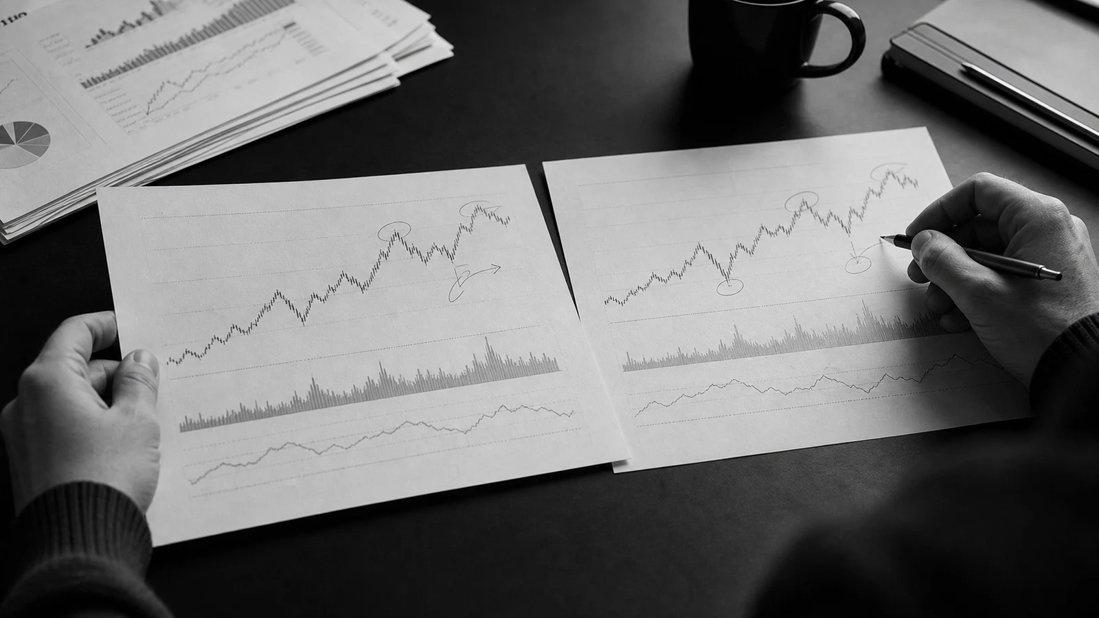A trader comparing printed backtest and live trading equity curves.